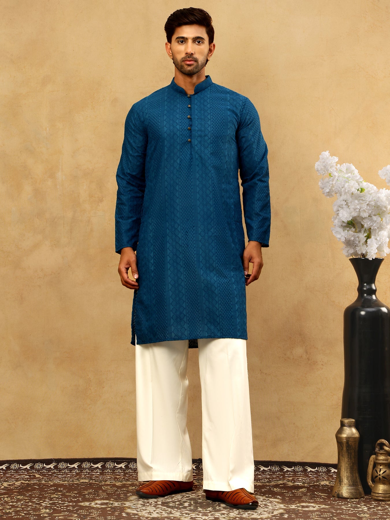 Chikankari Embroidered Kurta Pyjama Set ( JOKP PJ11W 640Teal )