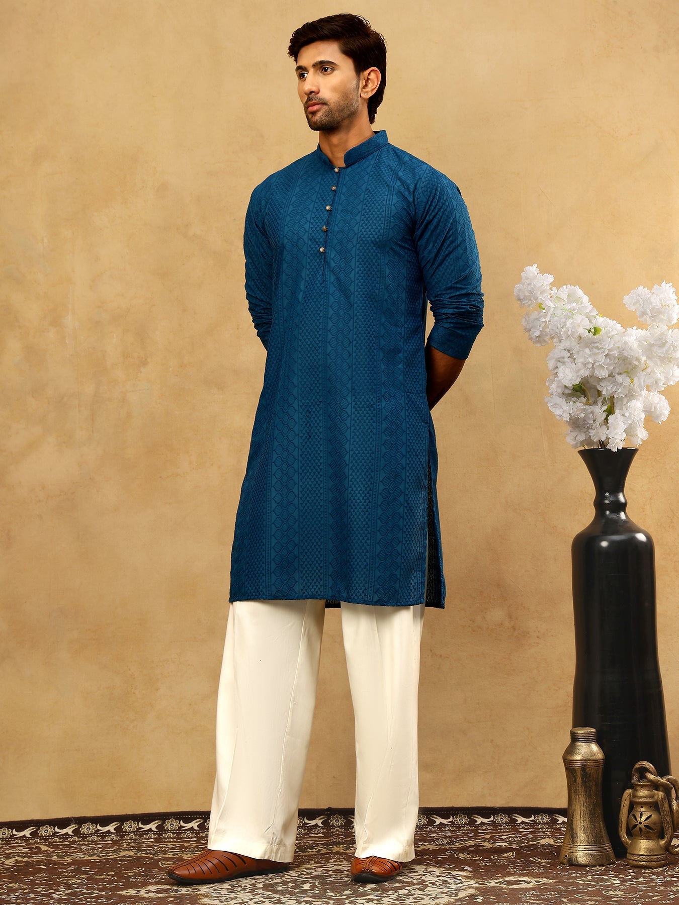 Chikankari Embroidered Kurta Pyjama Set ( JOKP PJ11W 640Teal )