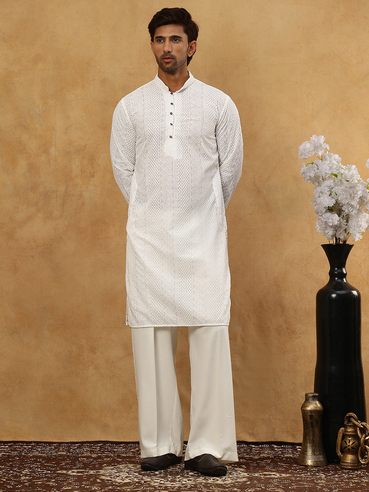 Chikankari Embroidered Kurta Pyjama Set ( JOKP PJ11W 640White )