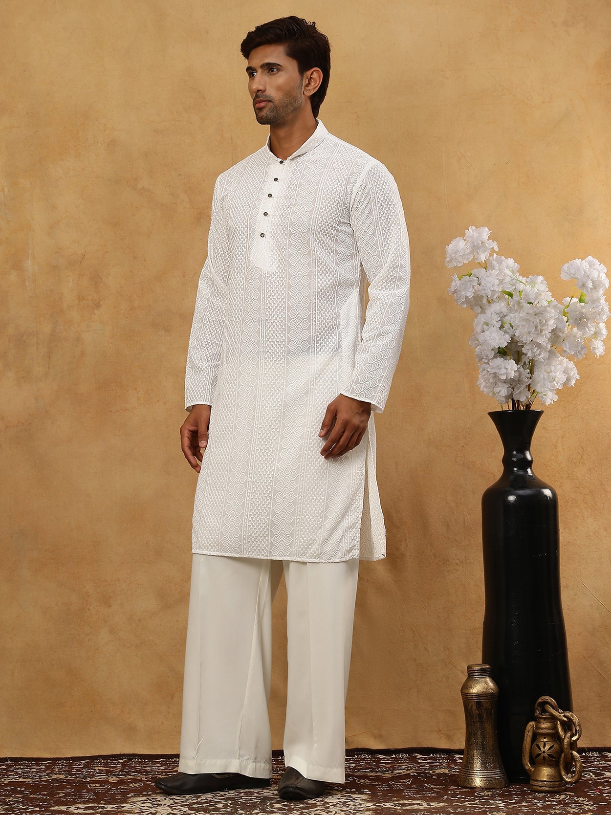 Chikankari Embroidered Kurta Pyjama Set ( JOKP PJ11W 640White )