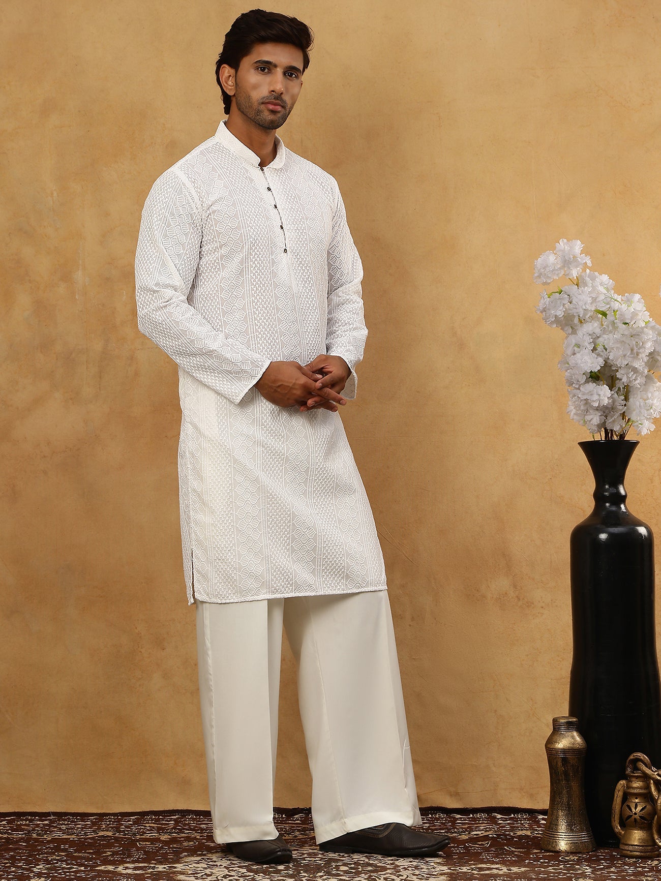 Chikankari Embroidered Kurta Pyjama Set ( JOKP PJ11W 640White )