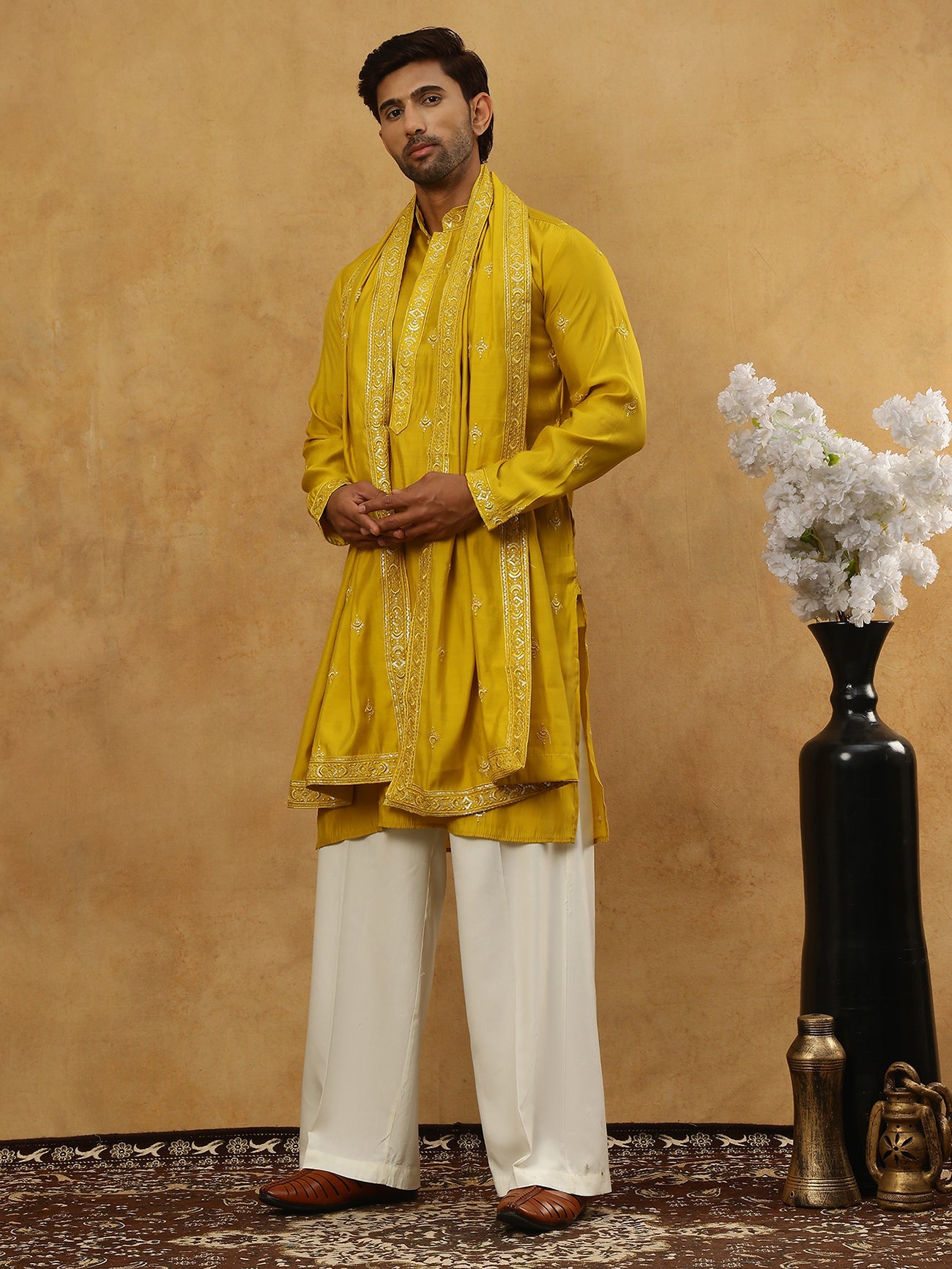 Silk Blend Embroidered Kurta Pyjama with Dupatta ( JOKP PJ11W D 5088Mustard )