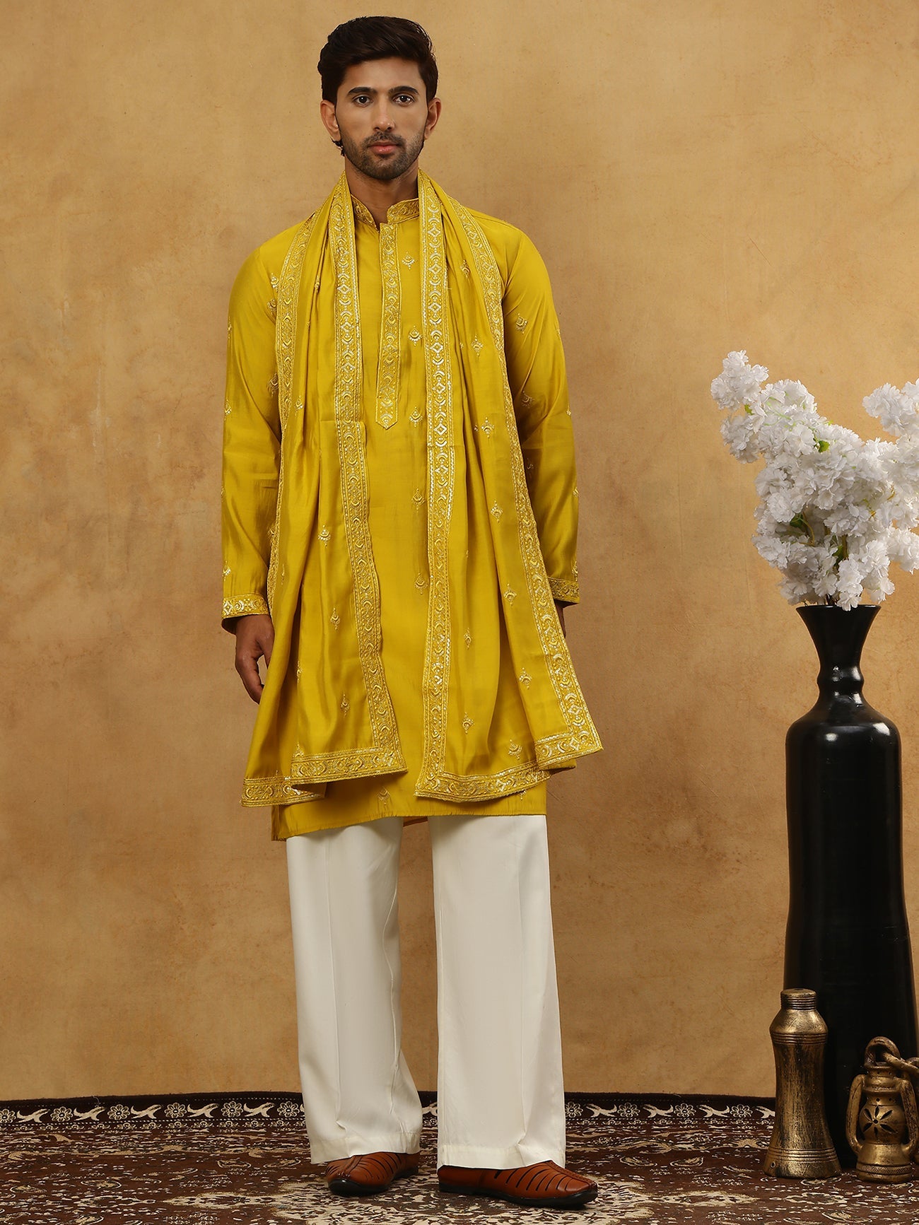 Silk Blend Embroidered Kurta Pyjama with Dupatta ( JOKP PJ11W D 5088Mustard )