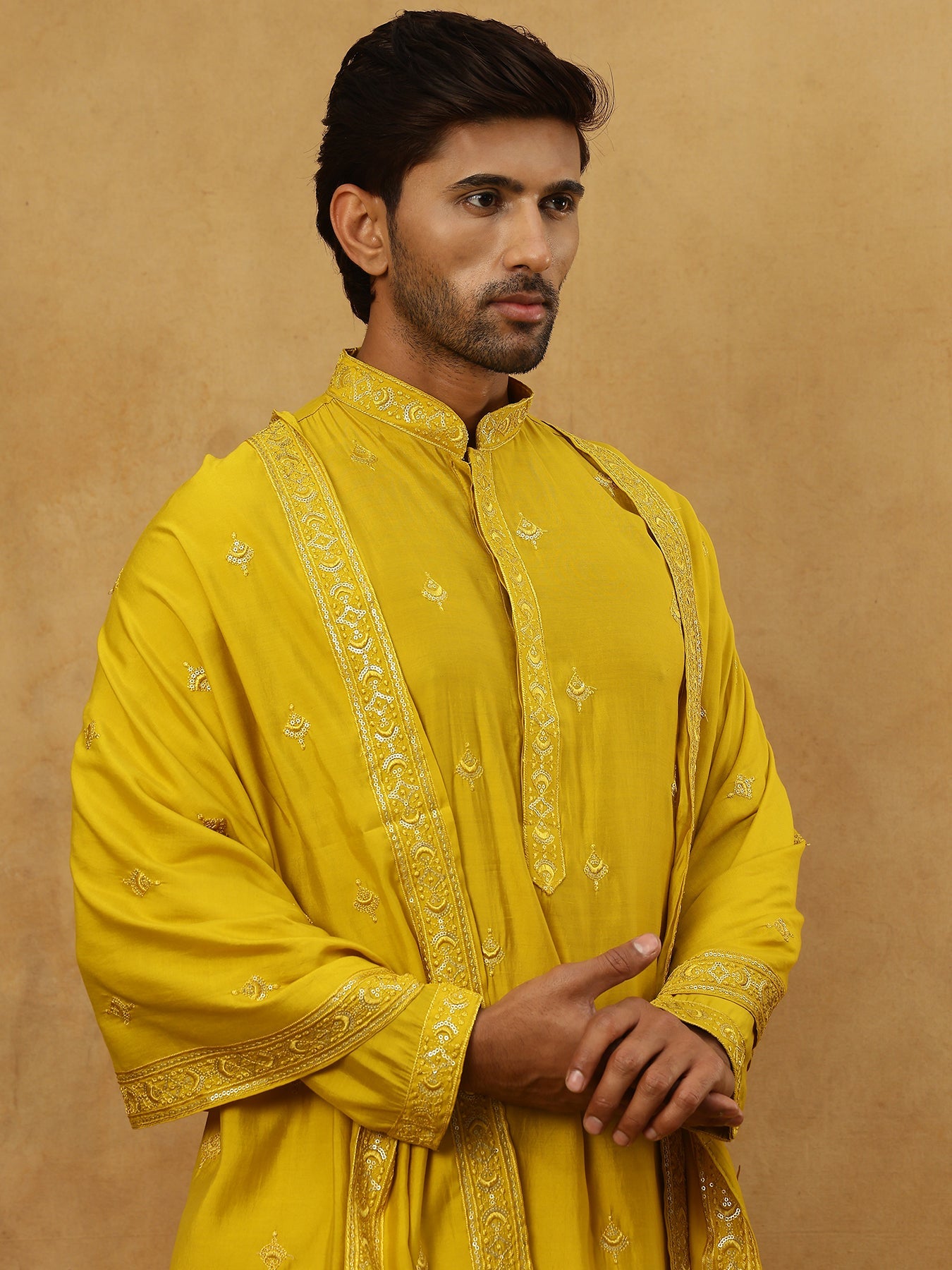 Silk Blend Embroidered Kurta Pyjama with Dupatta ( JOKP PJ11W D 5088Mustard )
