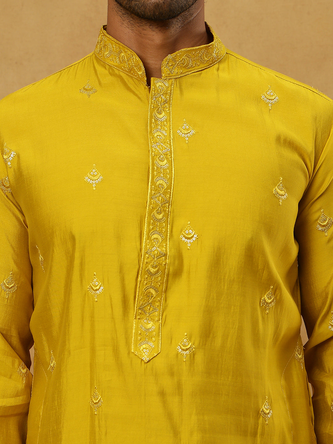 Silk Blend Embroidered Kurta Pyjama with Dupatta ( JOKP PJ11W D 5088Mustard )