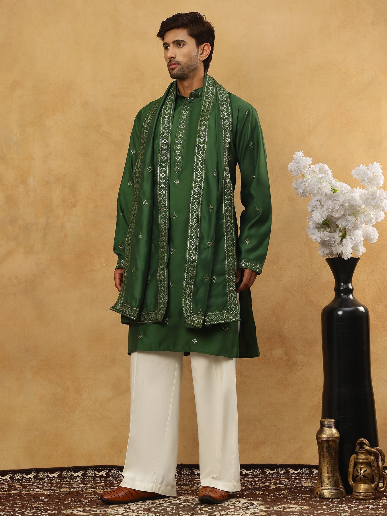 Silk Blend Embroidered Kurta Pyjama with Dupatta ( JOKP PJ11W D 5088Olive )
