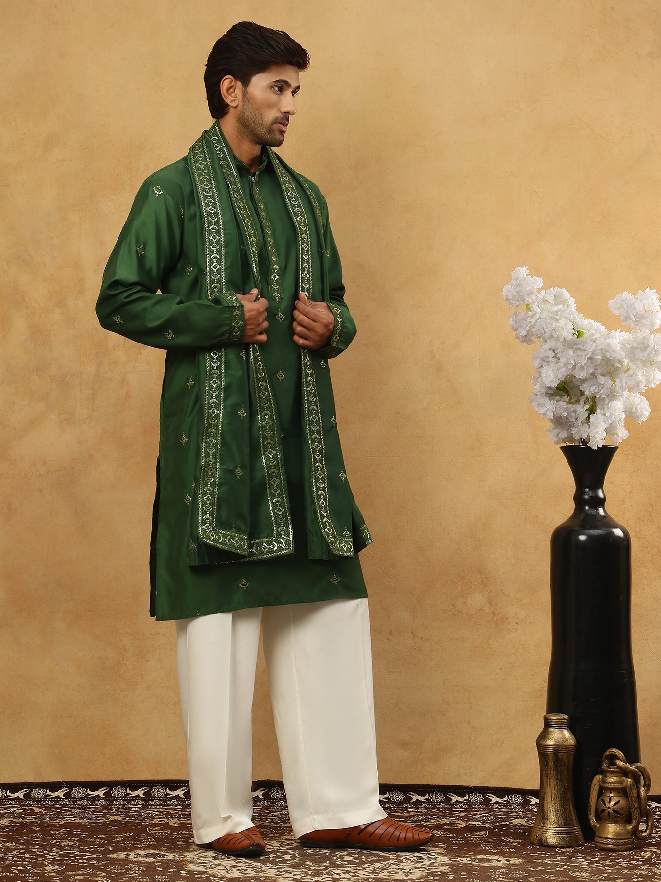 Silk Blend Embroidered Kurta Pyjama with Dupatta ( JOKP PJ11W D 5088Olive )