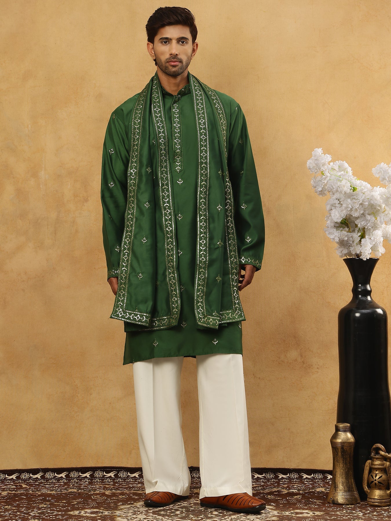 Silk Blend Embroidered Kurta Pyjama with Dupatta ( JOKP PJ11W D 5088Olive )