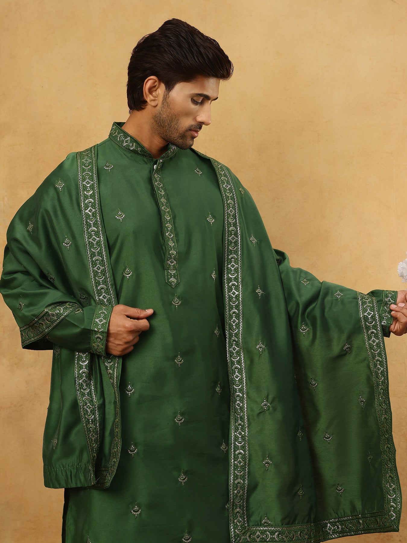 Silk Blend Embroidered Kurta Pyjama with Dupatta ( JOKP PJ11W D 5088Olive )