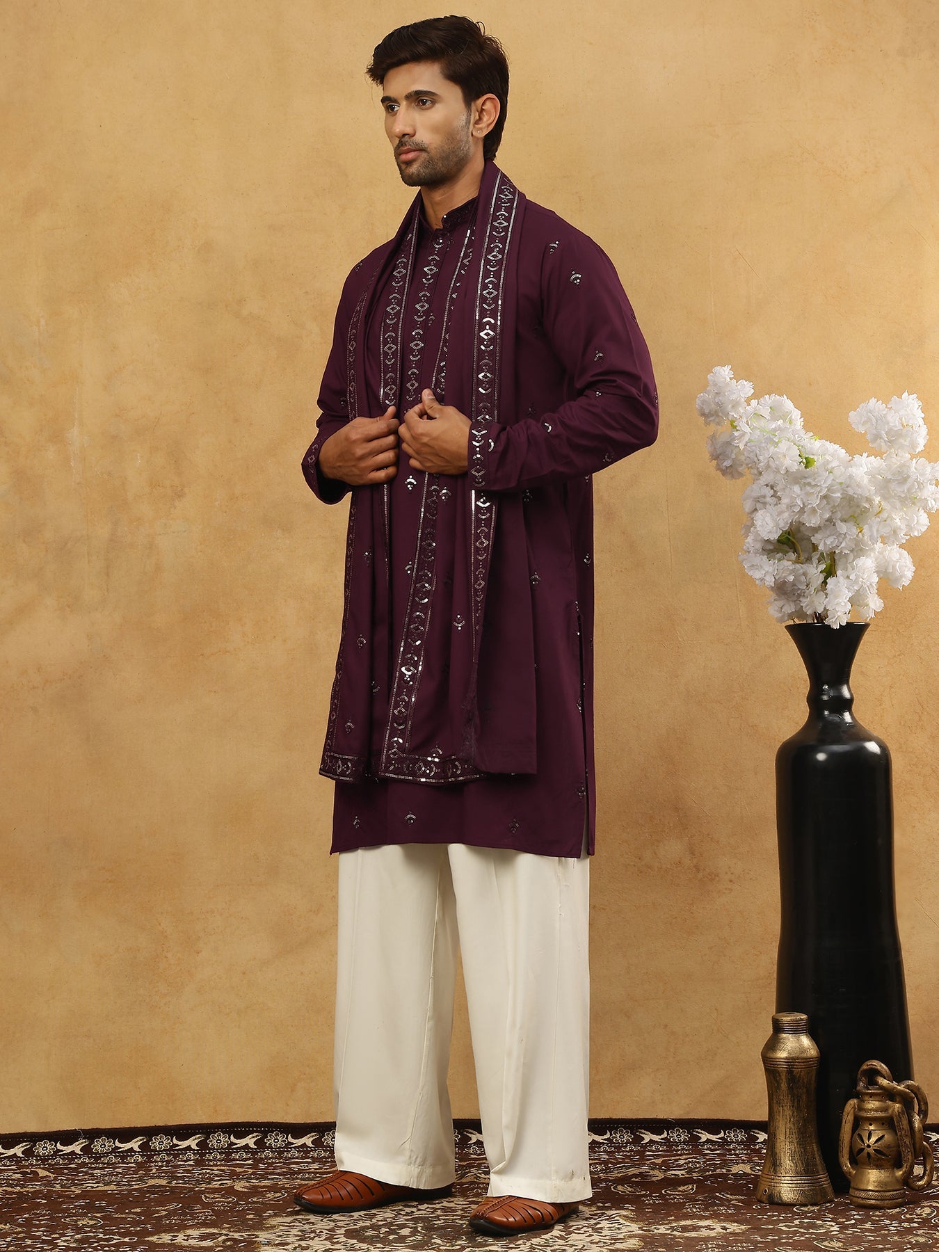 Silk Blend Embroidered Kurta Pyjama with Dupatta ( JOKP PJ11W D 5088Purple )
