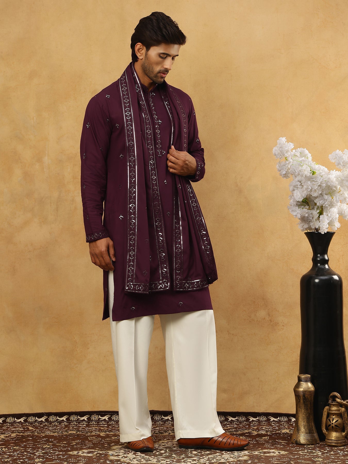 Silk Blend Embroidered Kurta Pyjama with Dupatta ( JOKP PJ11W D 5088Purple )