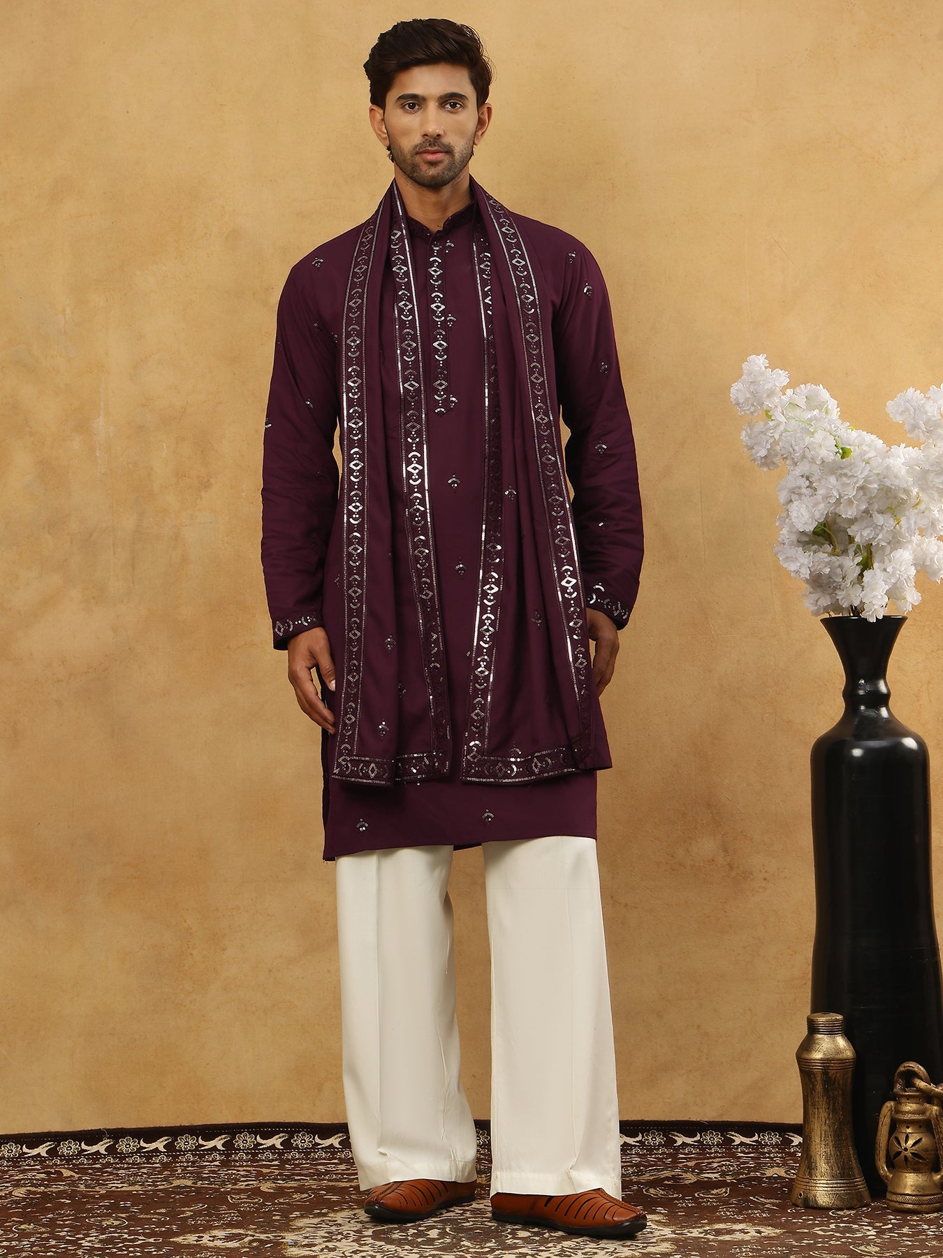 Silk Blend Embroidered Kurta Pyjama with Dupatta ( JOKP PJ11W D 5088Purple )