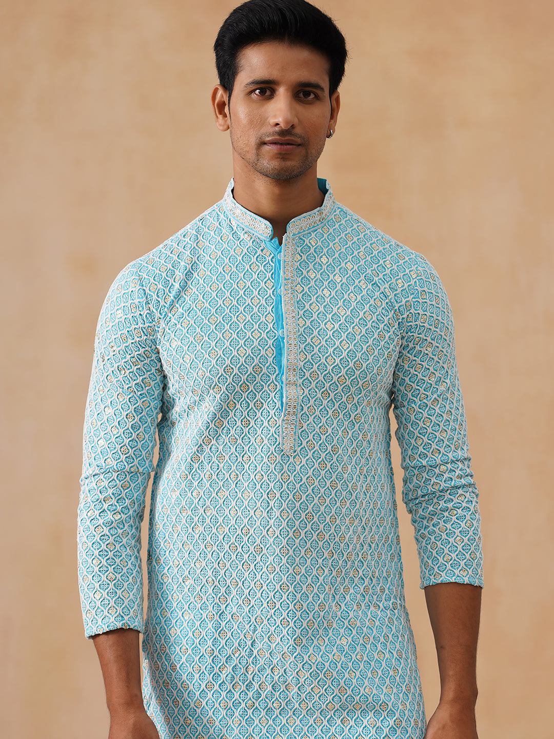 Men's Chikankari Embroidered and Sequence Kurta with Pyjama ( JOKP PJ11-W 5094 PJ11-W 5094Sky )