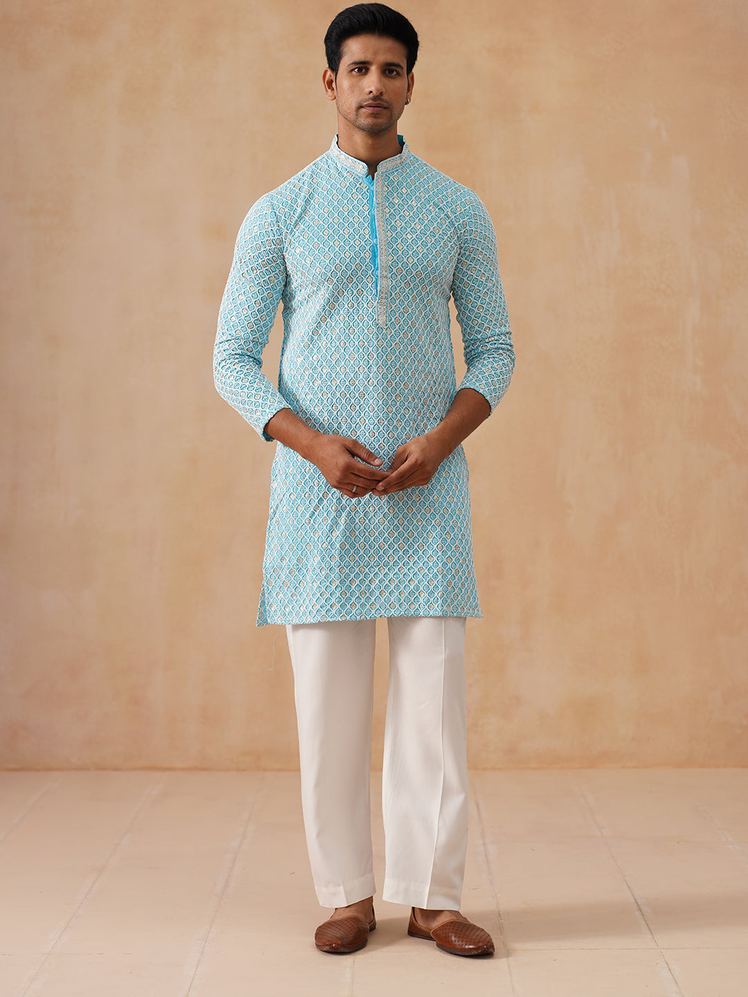 Men's Chikankari Embroidered and Sequence Kurta with Pyjama ( JOKP PJ11-W 5094 PJ11-W 5094Sky )