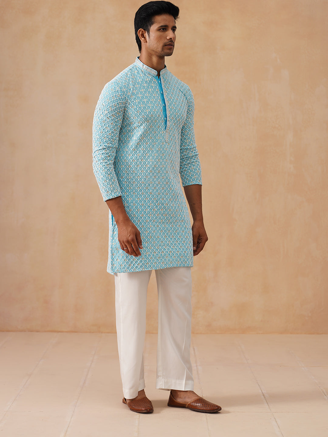 Men's Chikankari Embroidered and Sequence Kurta with Pyjama ( JOKP PJ11-W 5094 PJ11-W 5094Sky )