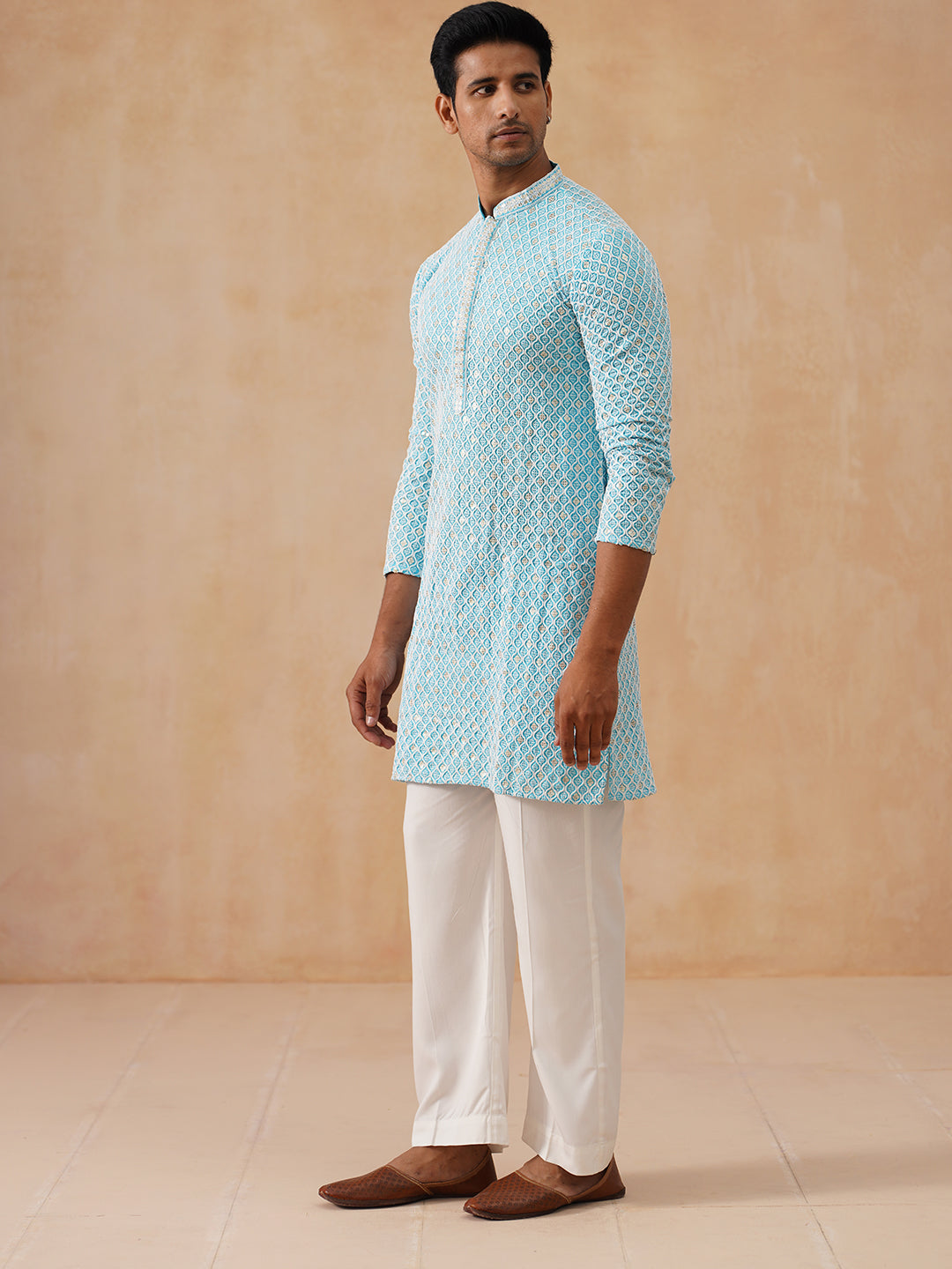 Men's Chikankari Embroidered and Sequence Kurta with Pyjama ( JOKP PJ11-W 5094 PJ11-W 5094Sky )