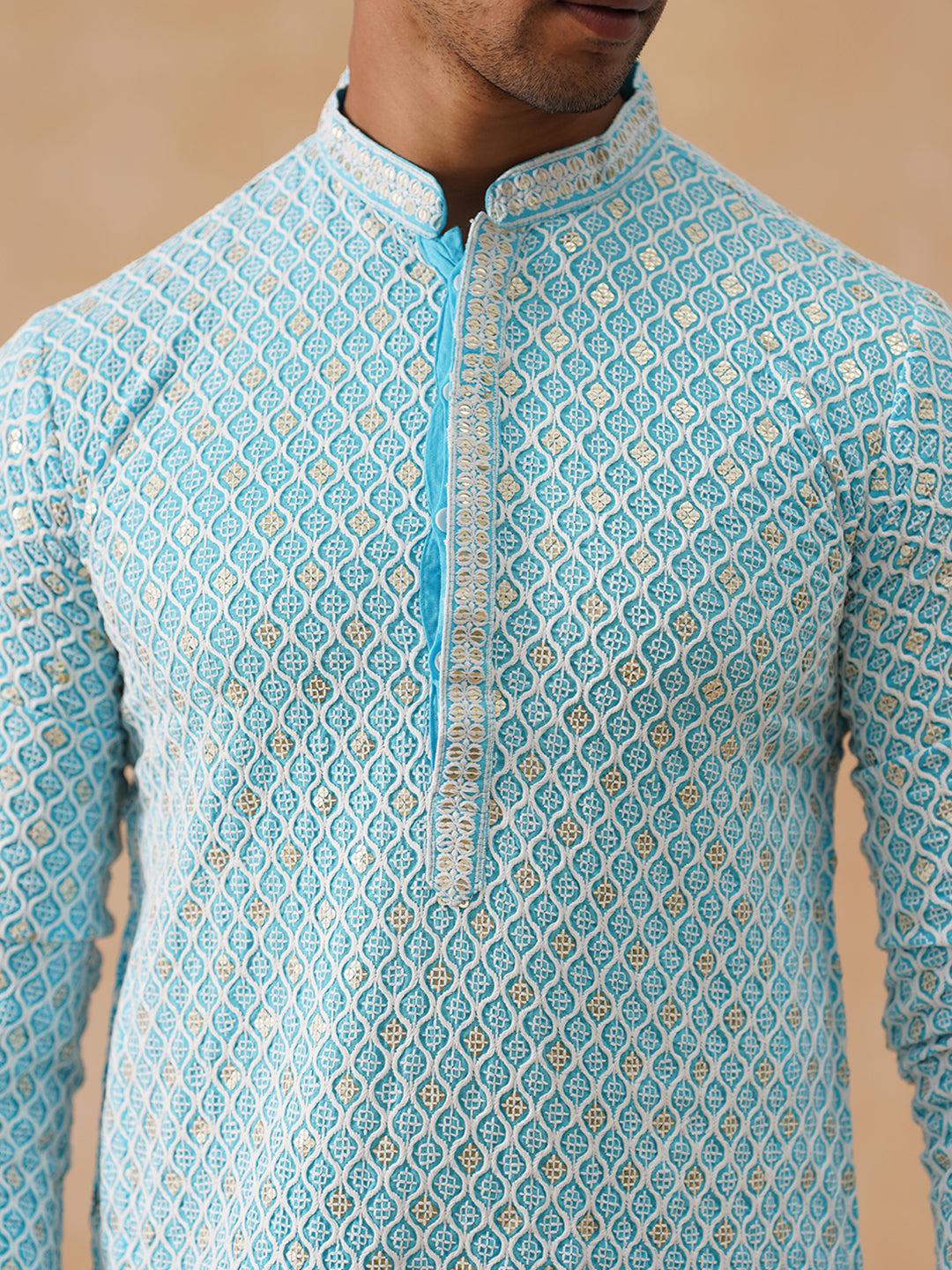 Men's Chikankari Embroidered and Sequence Kurta with Pyjama ( JOKP PJ11-W 5094 PJ11-W 5094Sky )