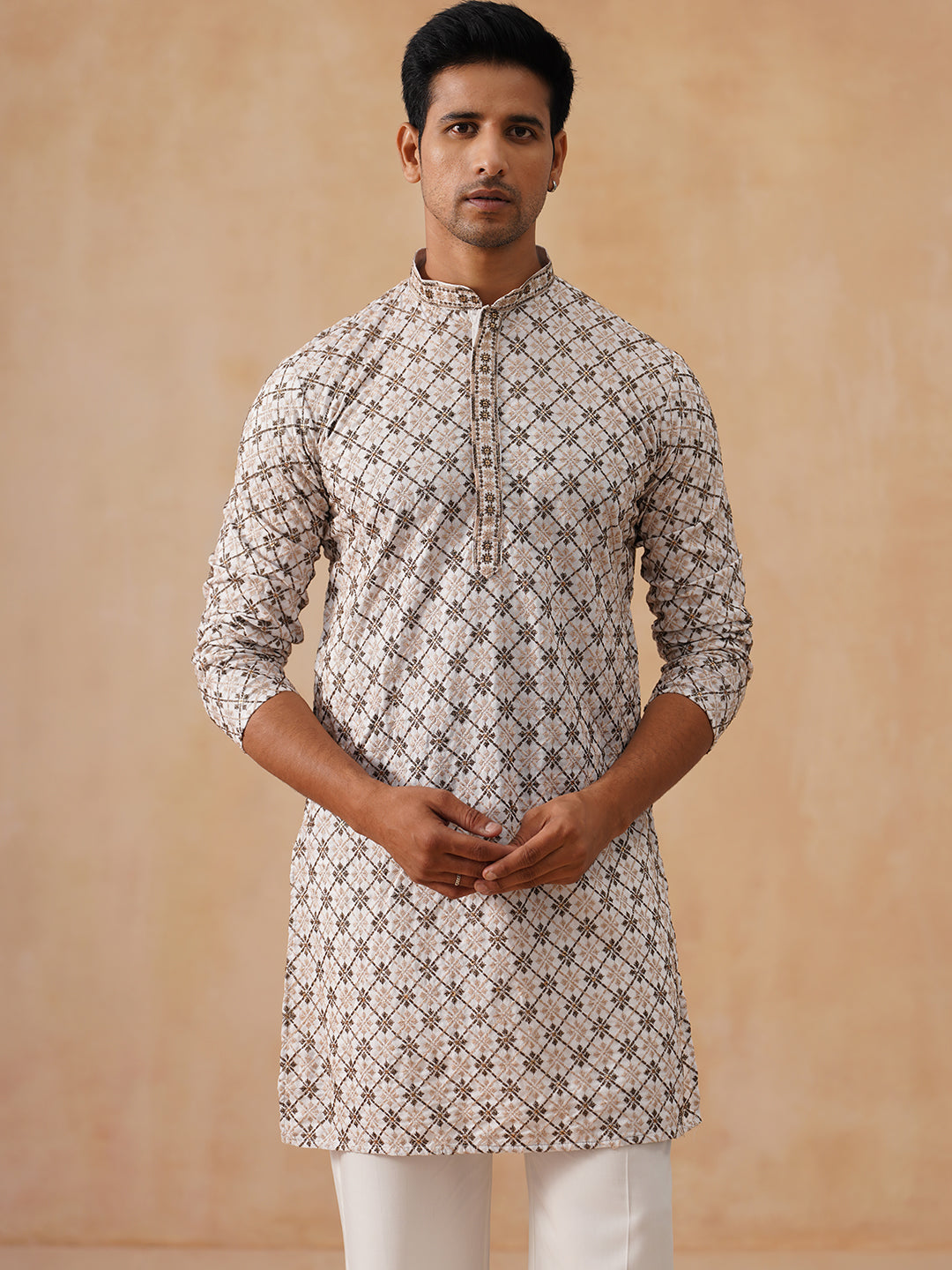 Embroidered Kurta Pyjama Set For Men (JOKP PJ11-W 5127 White )