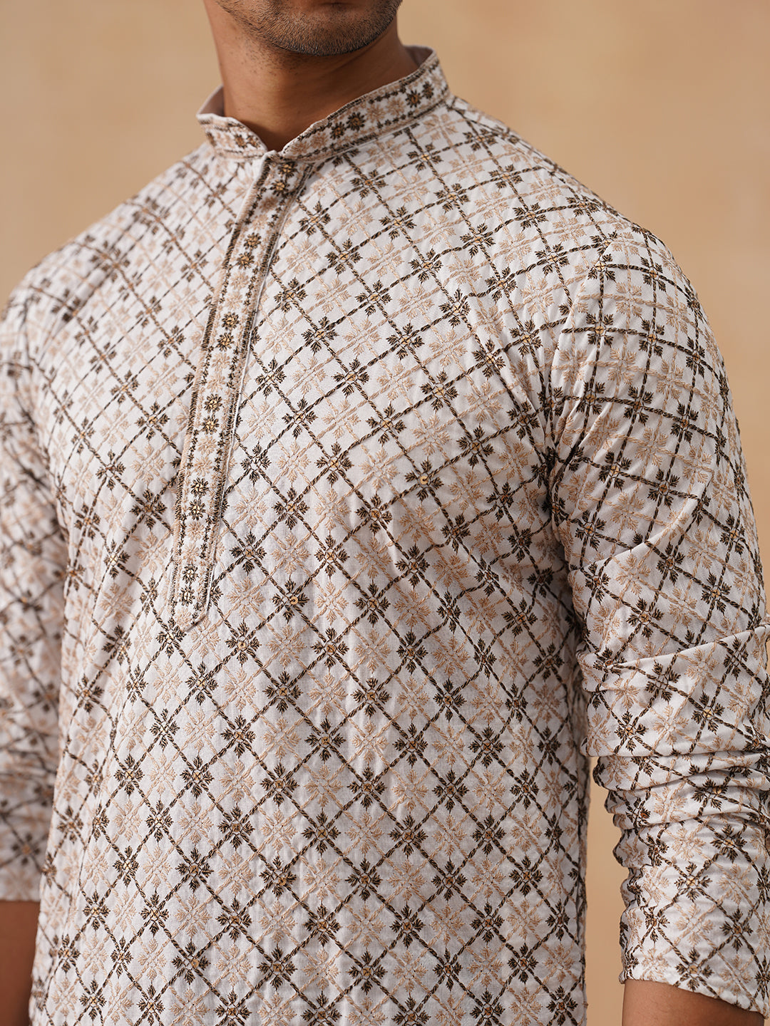 Embroidered Kurta Pyjama Set For Men (JOKP PJ11-W 5127 White )