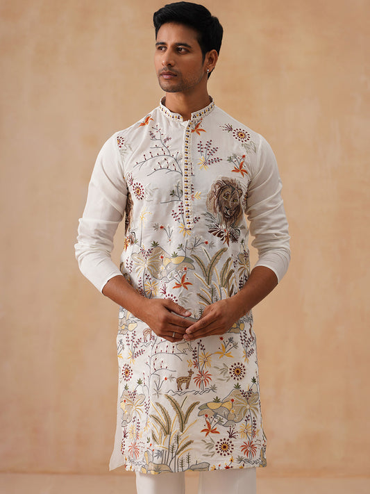 Floral Embroidered and Sequins Kurta (KO 5138 White ) [FF] [L-7-8]