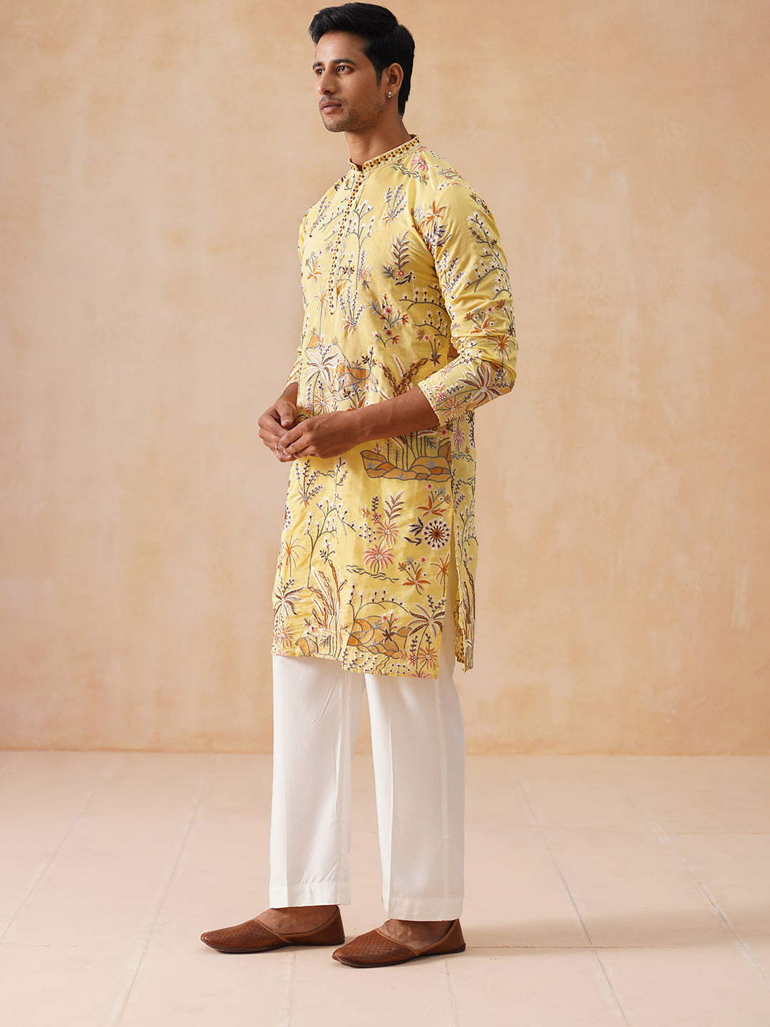 Floral Embroidered Straight Kurta Set (JOKP PJ11-W 5156 Yellow )