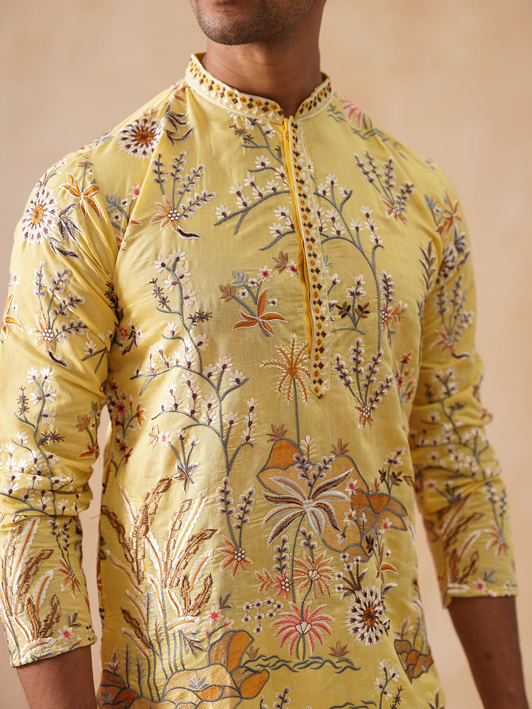 Floral Embroidered Straight Kurta Set (JOKP PJ11-W 5156 Yellow )