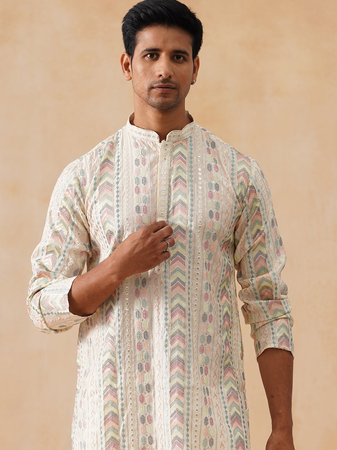 Embroidered and Sequins Kurta Pyjama Set for Men (JOKP PJ11-W 5161 White )