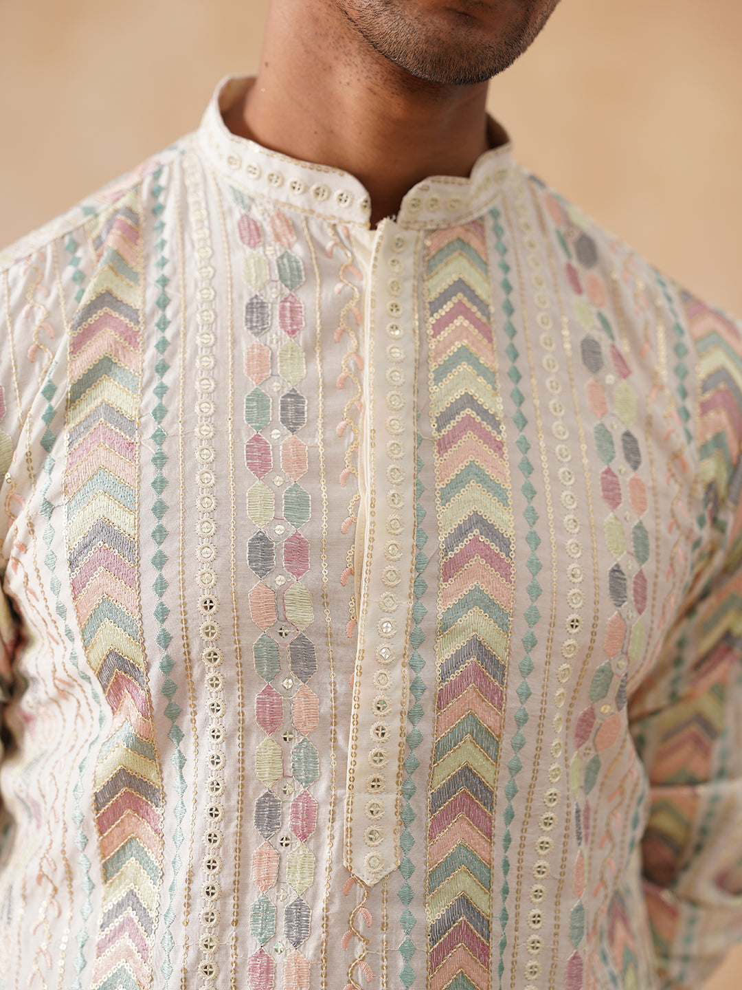 Embroidered and Sequins Kurta Pyjama Set for Men (JOKP PJ11-W 5161 White )
