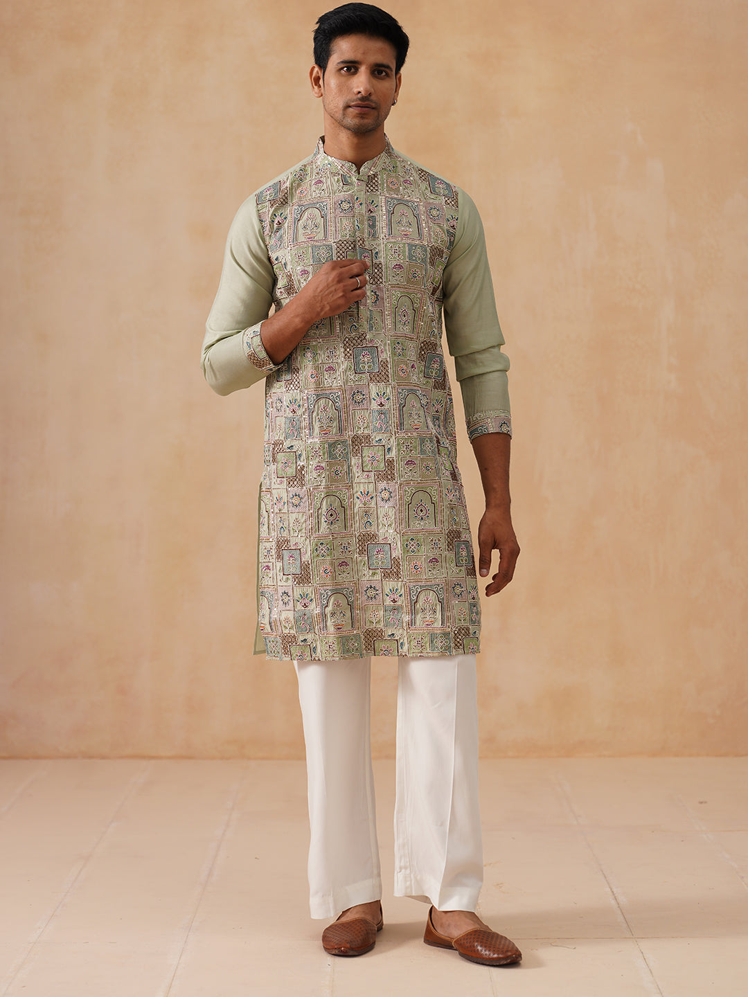Embroidered Straight Kurta Set For Men ( JOKP PJ11-W 5174 PJ11-W 5174Pista )