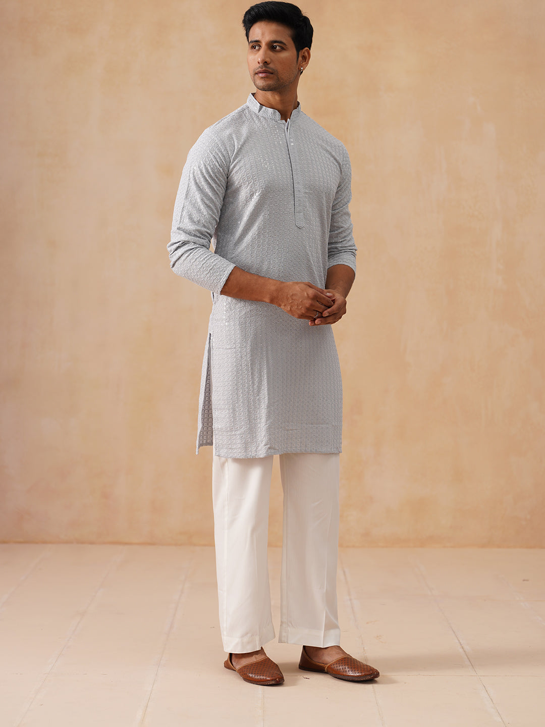 Embroidered & Sequence Kurta Pyjama for Men ( JOKP PJ11-W 5177 PJ11-W 5177Light-Grey )
