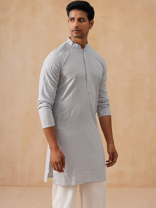 Embroidered & Sequence Kurta Pyjama for Men ( JOKP PJ11-W 5177 PJ11-W 5177Light-Grey )