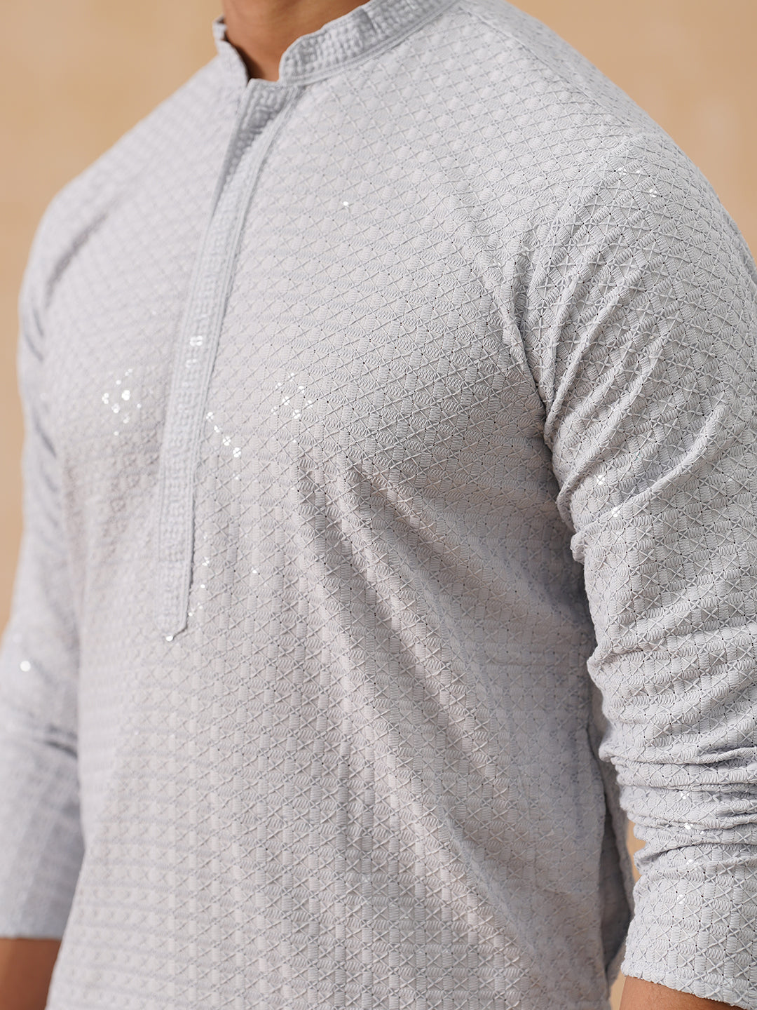 Embroidered & Sequence Kurta Pyjama for Men ( JOKP PJ11-W 5177 PJ11-W 5177Light-Grey )