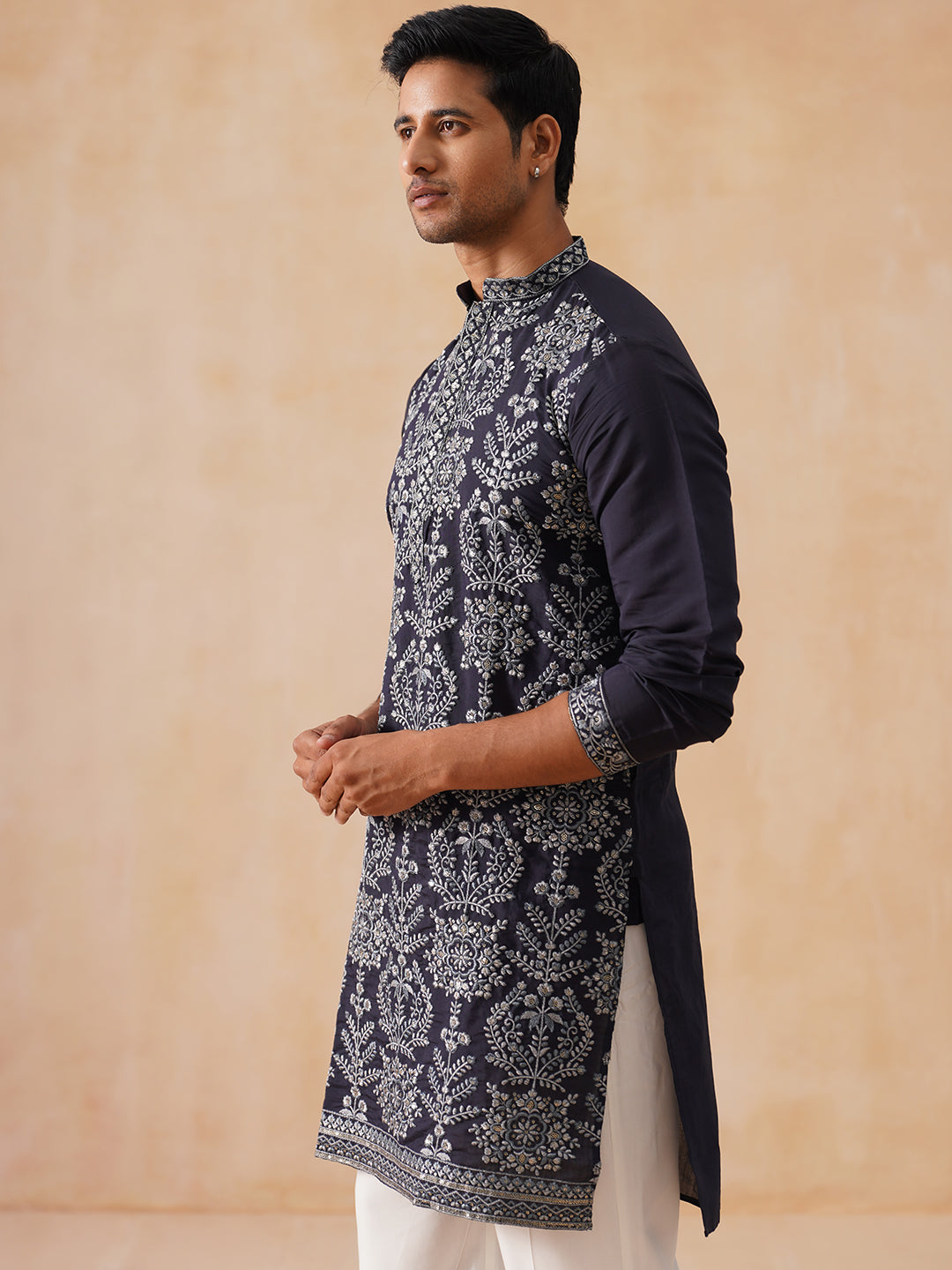 Embroidered Straight Kurta Pyjama Set For Men ( JOKP PJ11-W 5180 PJ11-W 5180Navy )