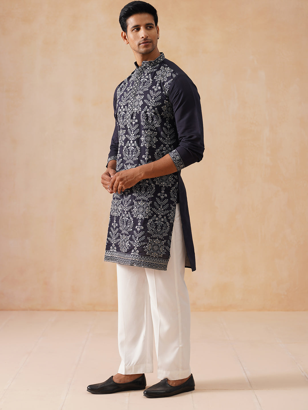 Embroidered Straight Kurta Pyjama Set For Men ( JOKP PJ11-W 5180 PJ11-W 5180Navy )