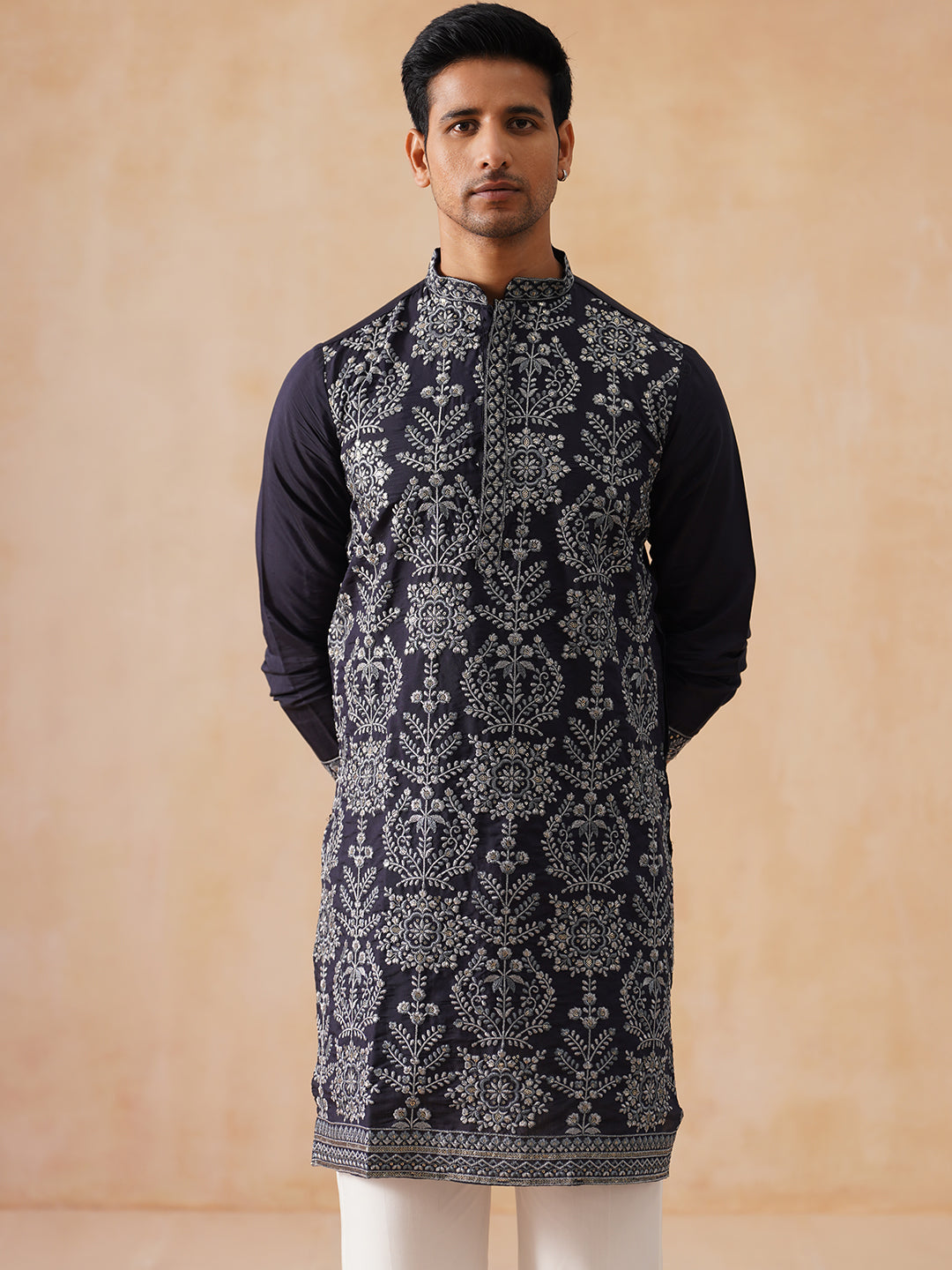 Embroidered Straight Kurta Pyjama Set For Men ( JOKP PJ11-W 5180 PJ11-W 5180Navy )
