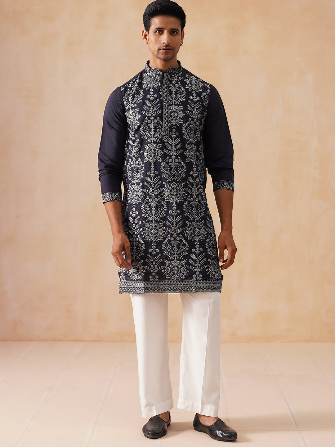 Embroidered Straight Kurta Pyjama Set For Men ( JOKP PJ11-W 5180 PJ11-W 5180Navy )