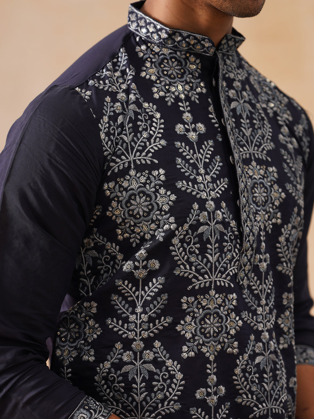 Embroidered Straight Kurta Pyjama Set For Men ( JOKP PJ11-W 5180 PJ11-W 5180Navy )