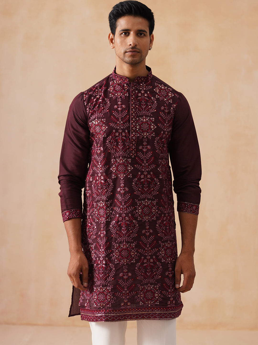 Embroidered Straight Kurta Pyjama Set For Men (JOKP PJ11-W 5180 Purple )