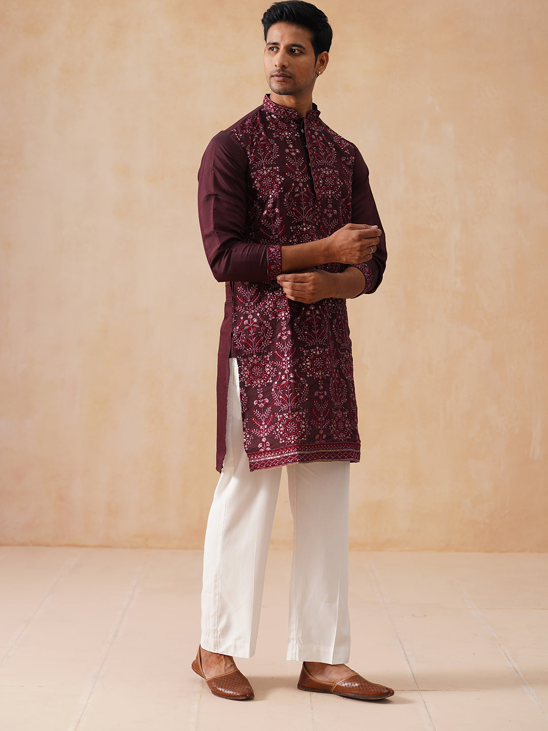 Embroidered Straight Kurta Pyjama Set For Men (JOKP PJ11-W 5180 Purple )