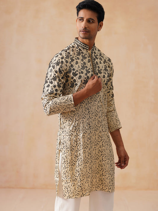 Men's Cream Embroidered Kurta ( KO 5267 Cream )