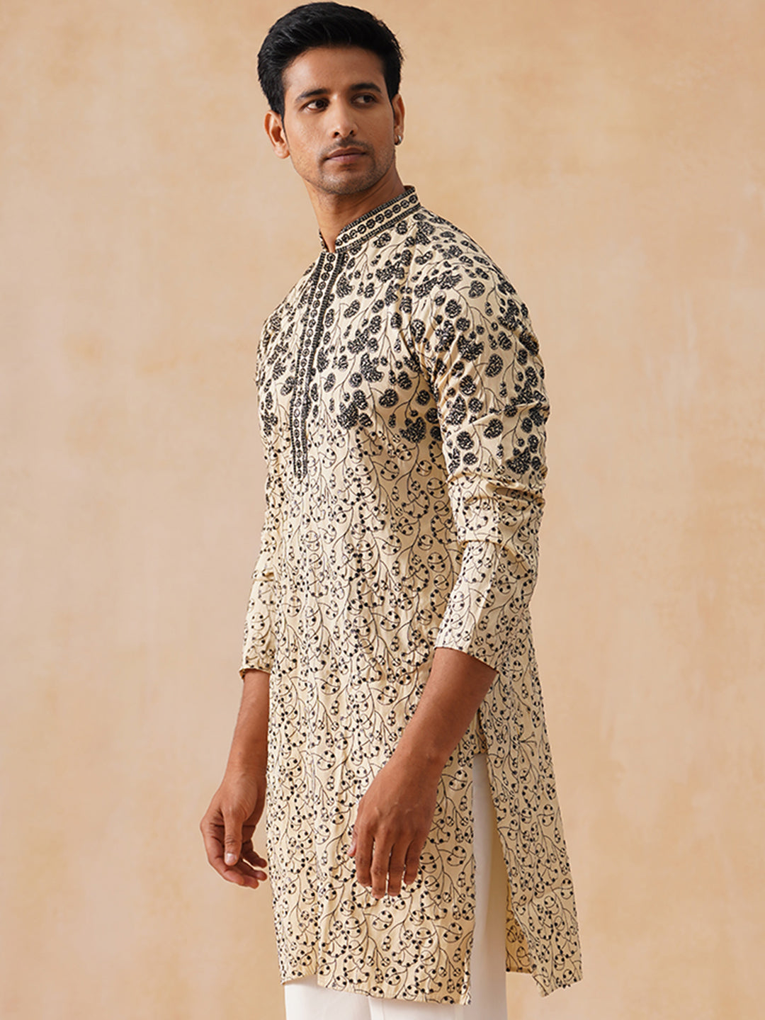 Men's Cream Embroidered Kurta ( KO 5267 Cream )