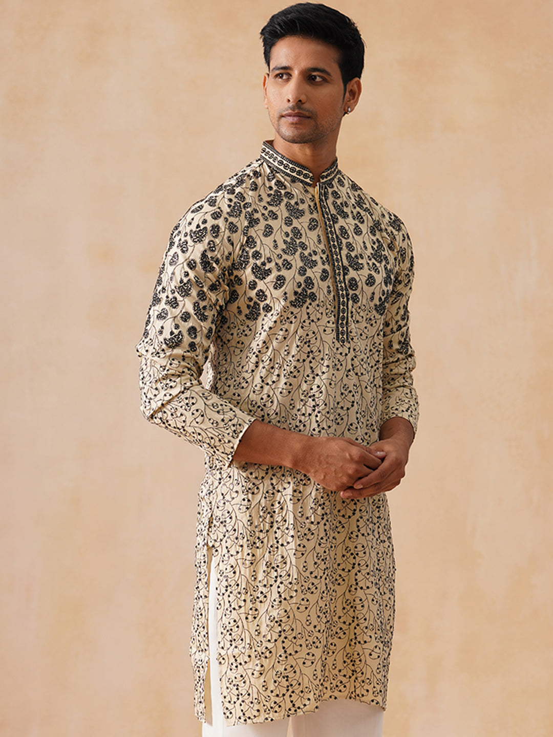 Men's Cream Embroidered Kurta ( KO 5267 Cream )