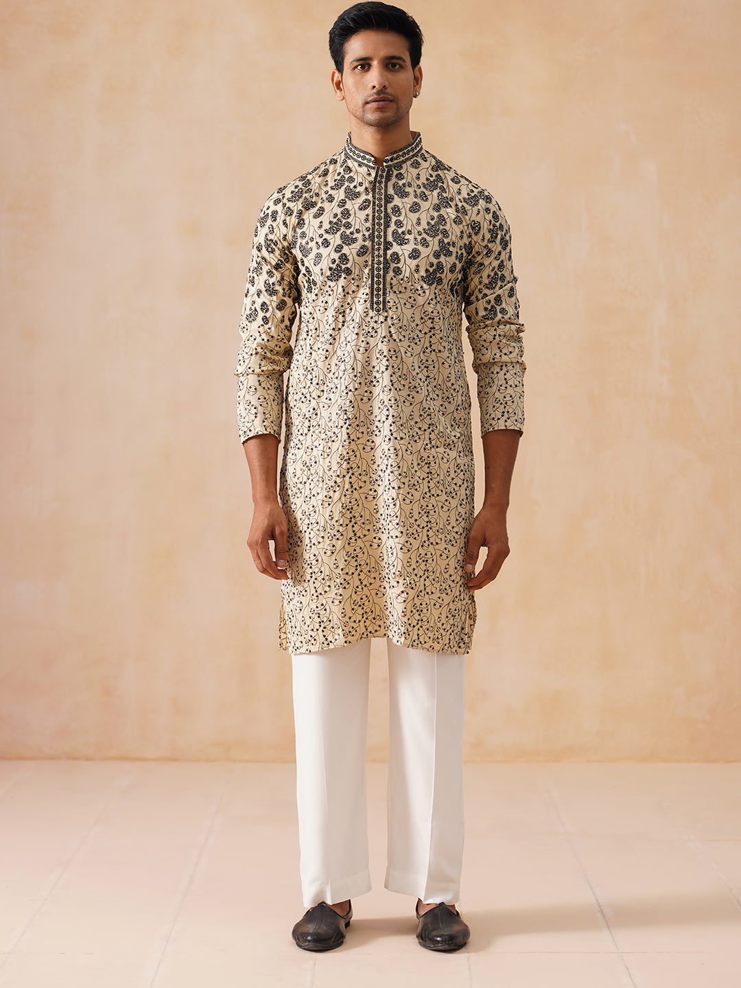 Men's Cream Embroidered Kurta Pyjama Set ( JOKP PJ11-W 5267 PJ11-W 5267Cream )