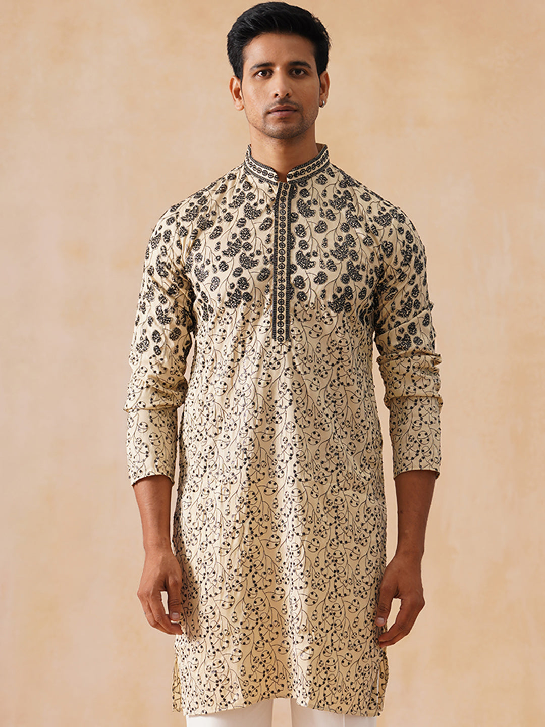 Men's Cream Embroidered Kurta ( KO 5267 Cream )