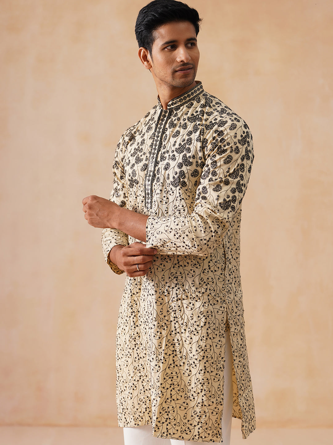 Men's Cream Embroidered Kurta ( KO 5267 Cream )