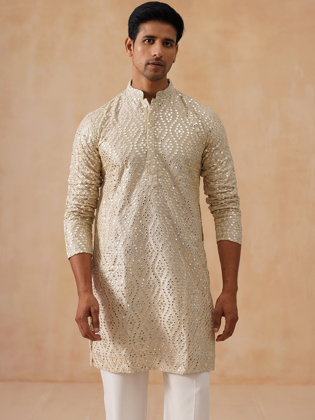 Traditional Mirror Embroidered Kurta Set for Men ( JOKP PJ11-W 5269 PJ11-W 5269Cream )