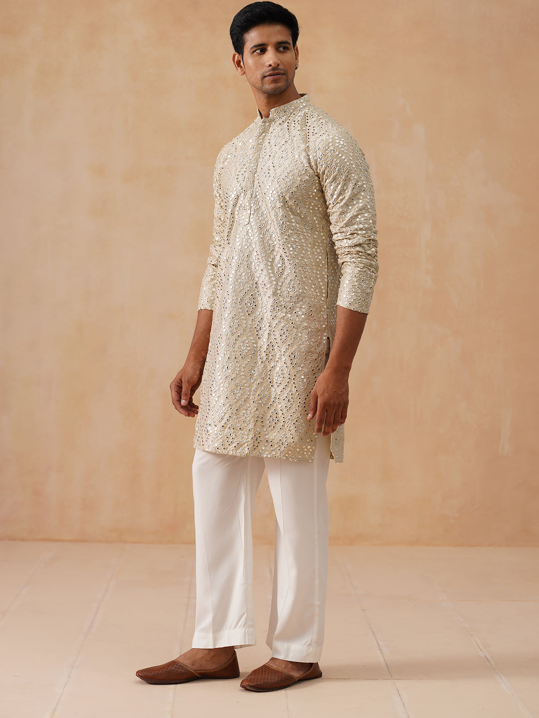 Traditional Mirror Embroidered Kurta Set for Men ( JOKP PJ11-W 5269 PJ11-W 5269Cream )