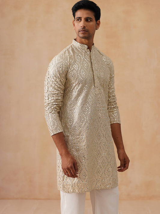 Traditional Mirror Embroidered Kurta Set for Men ( JOKP PJ11-W 5269 PJ11-W 5269Cream )