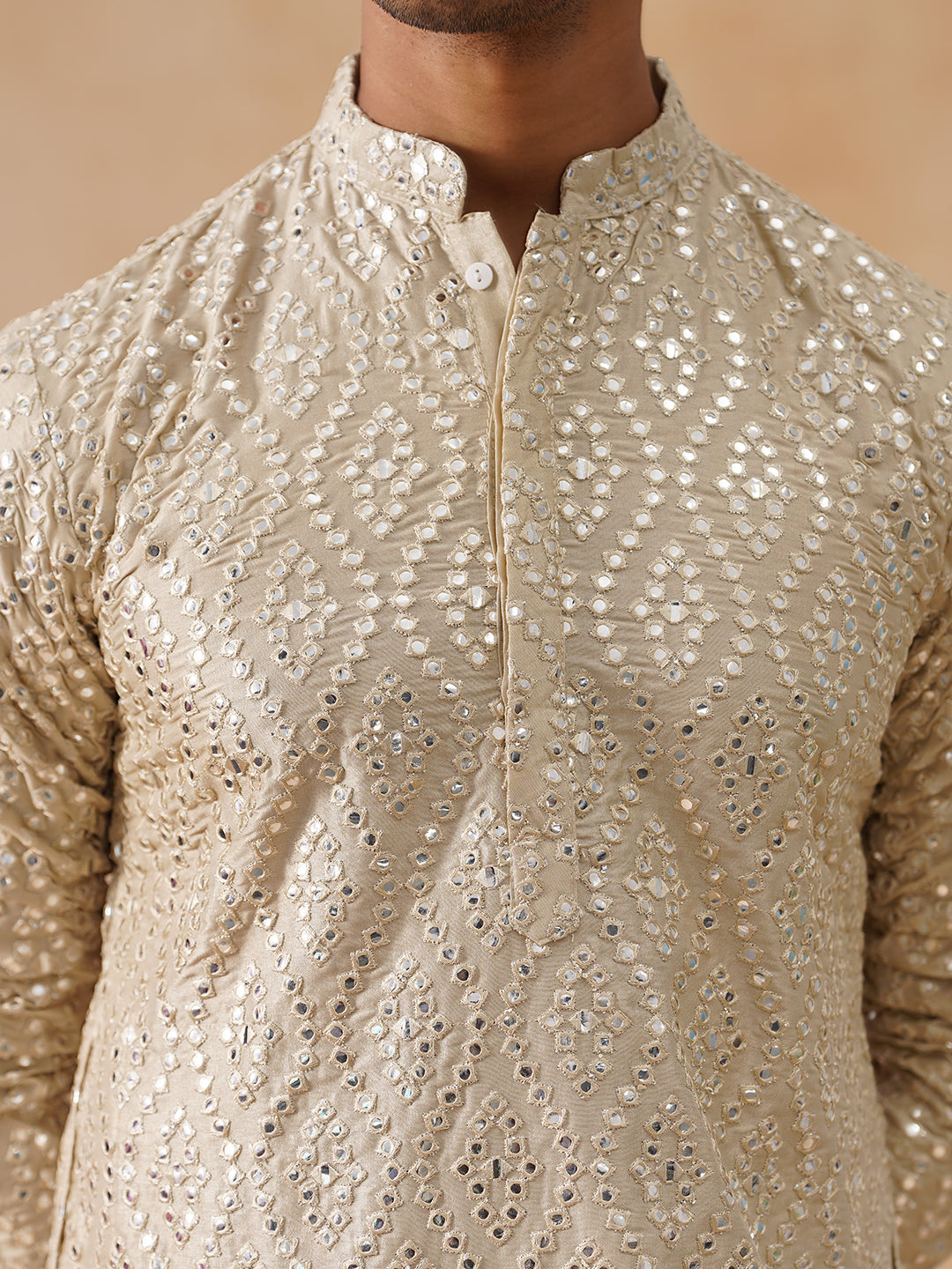 Traditional Mirror Embroidered Kurta Set for Men ( JOKP PJ11-W 5269 PJ11-W 5269Cream )