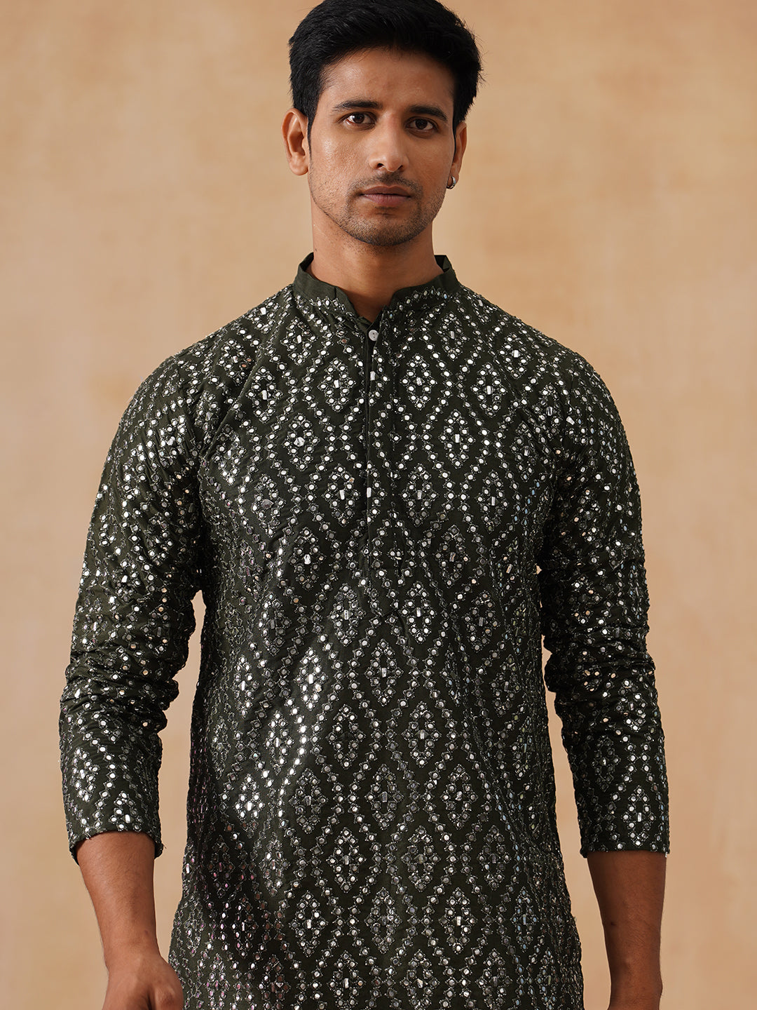 Traditional Mirror Embroidered Kurta Set for Men ( JOKP PJ11-W 5269 PJ11-W 5269Olive )